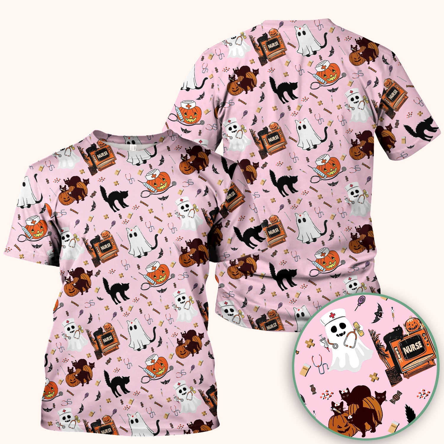 Halloween Scrub Top for Nurse - Cute Pumpkin Ghost Cat Medical Shirt - Spooky Scrubs for Women RN CNA LPN