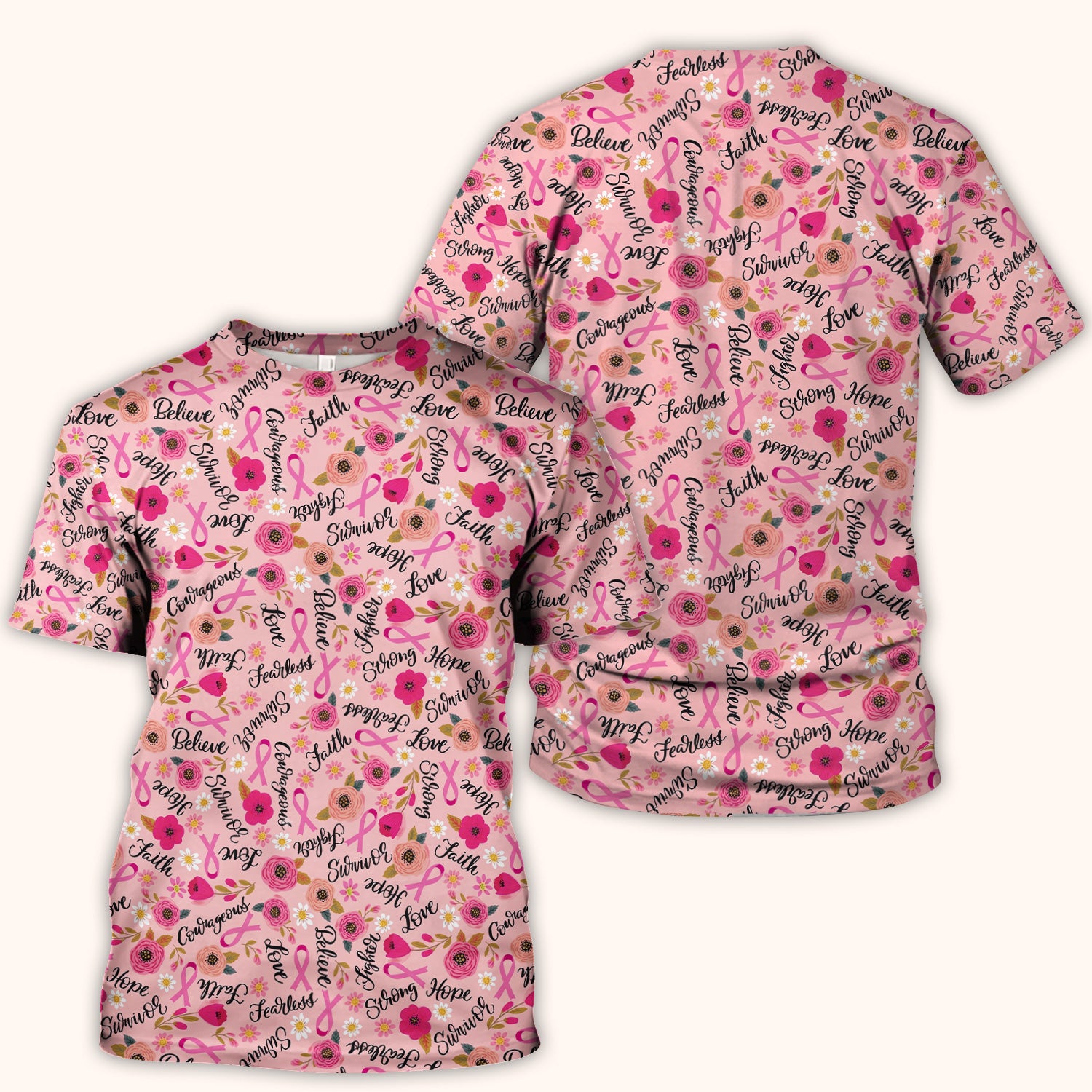 Breast Cancer Awareness Oncology with Pink Ribbon Floral Pattern Scrub Top, Comfortable Scrubs for Nurses