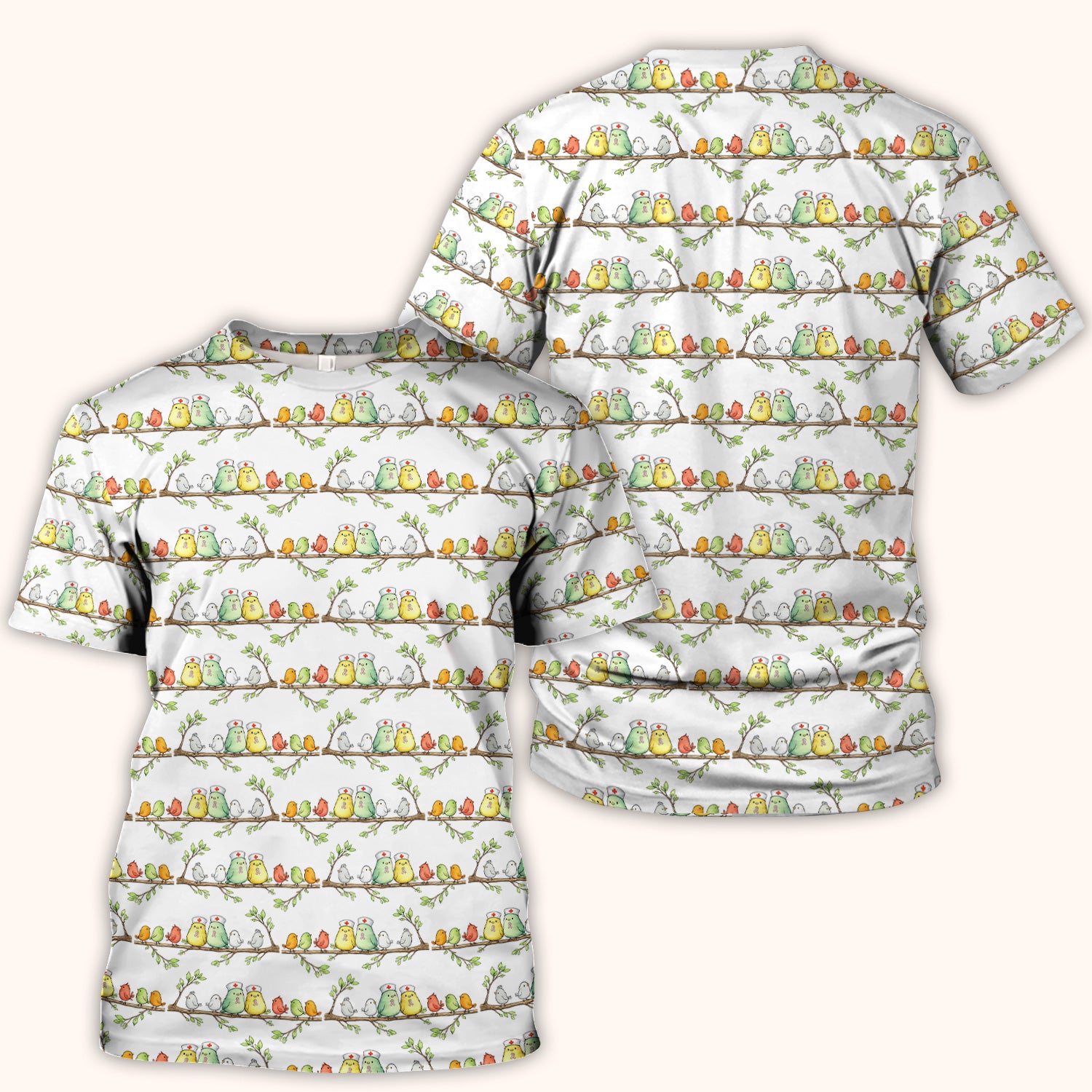 Cute Pink Ribbon Birds Scrub Top, Comfortable Scrubs for Nurses