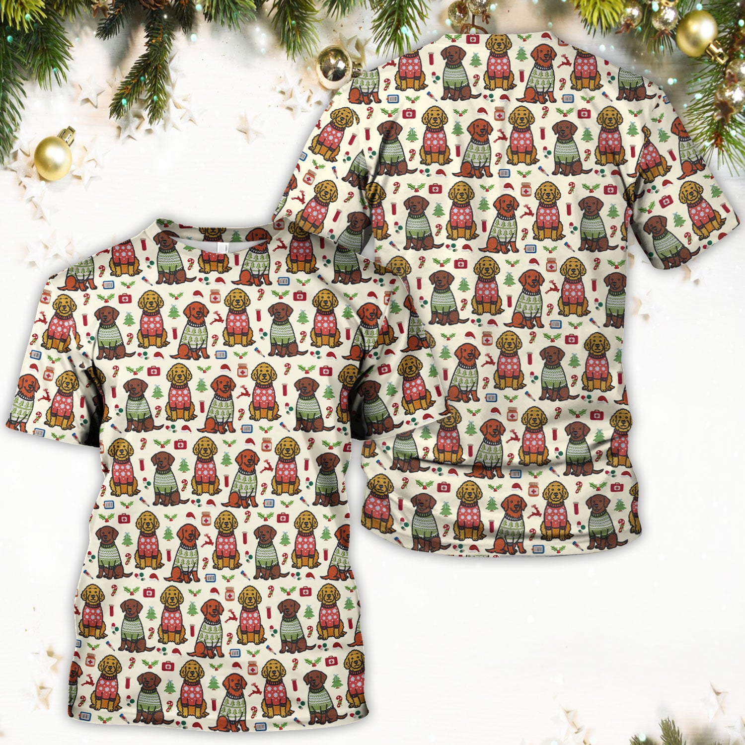 Golden Retriever Christmas Scrub Top, Cute Holiday Dog Nurse Pattern Shirt, Breathable Fabrics Nursing Uniform