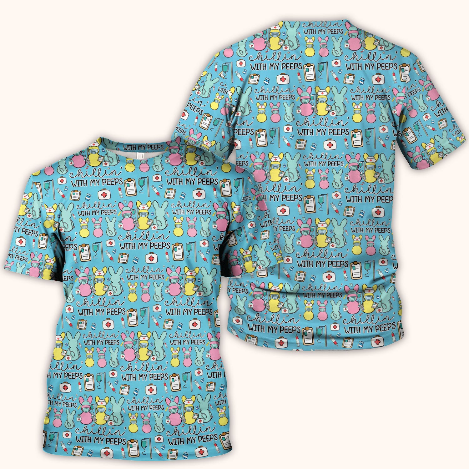 Cute Bunny Nurse Chillin With My Peeps Scrub Top, Comfortable Scrubs for Nurses, Easter