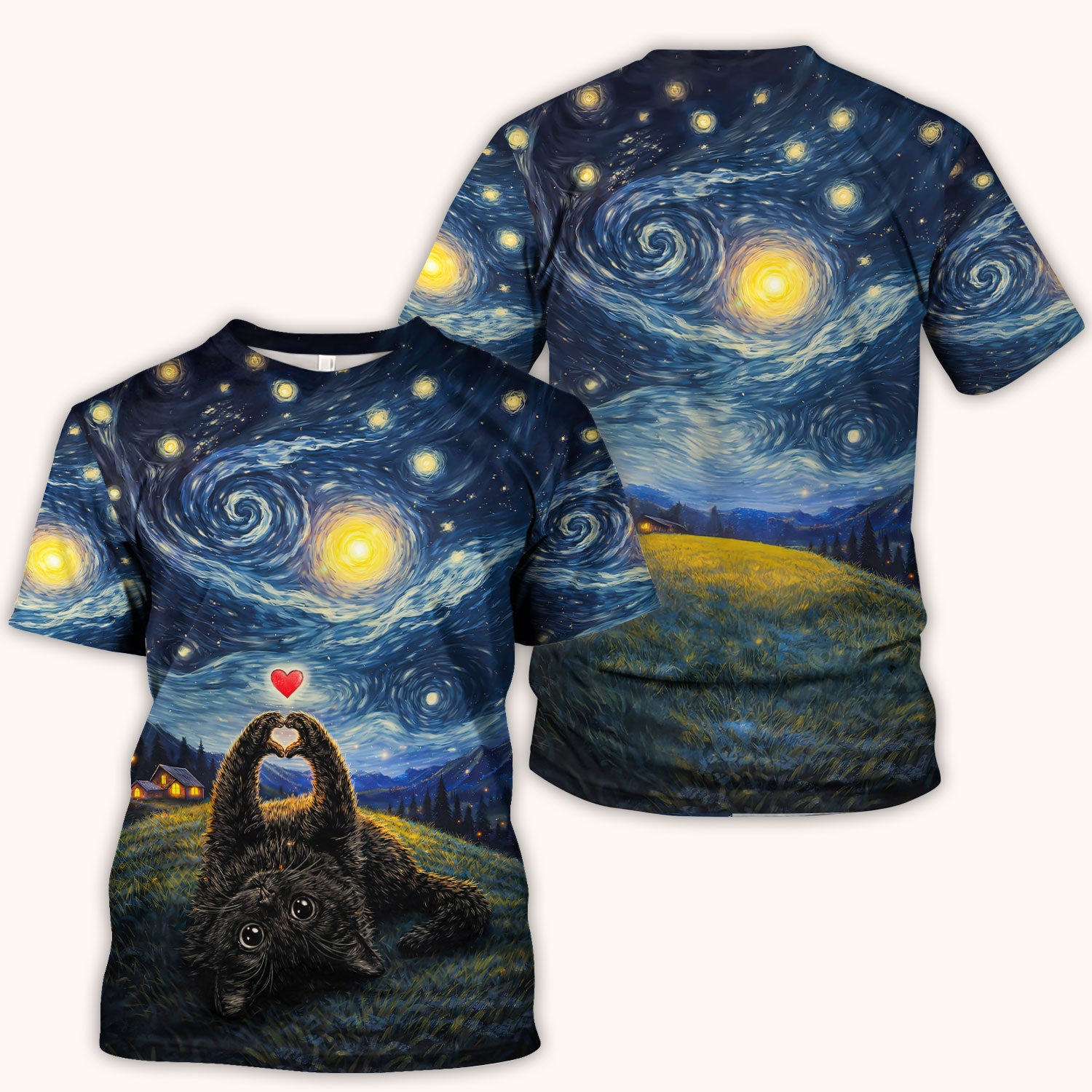Starry Night Black Cat Heart Art Scrub Top, Breathable Fabrics Nursing Uniform