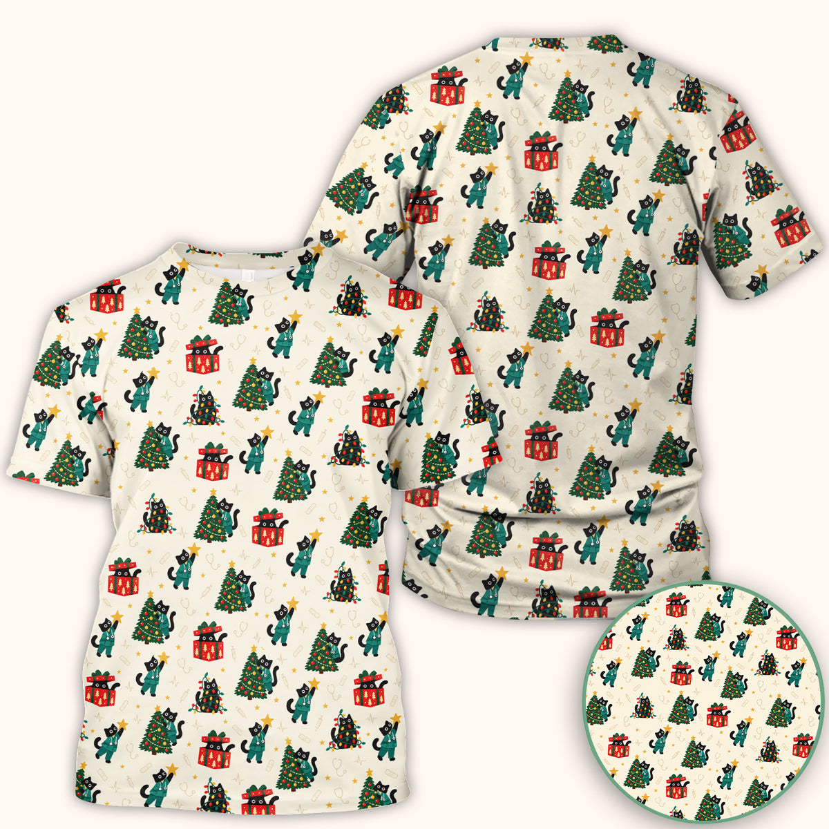 Christmas Black Nurse Cats And Trees Scrub Top, Comfortable Scrubs for Nurses