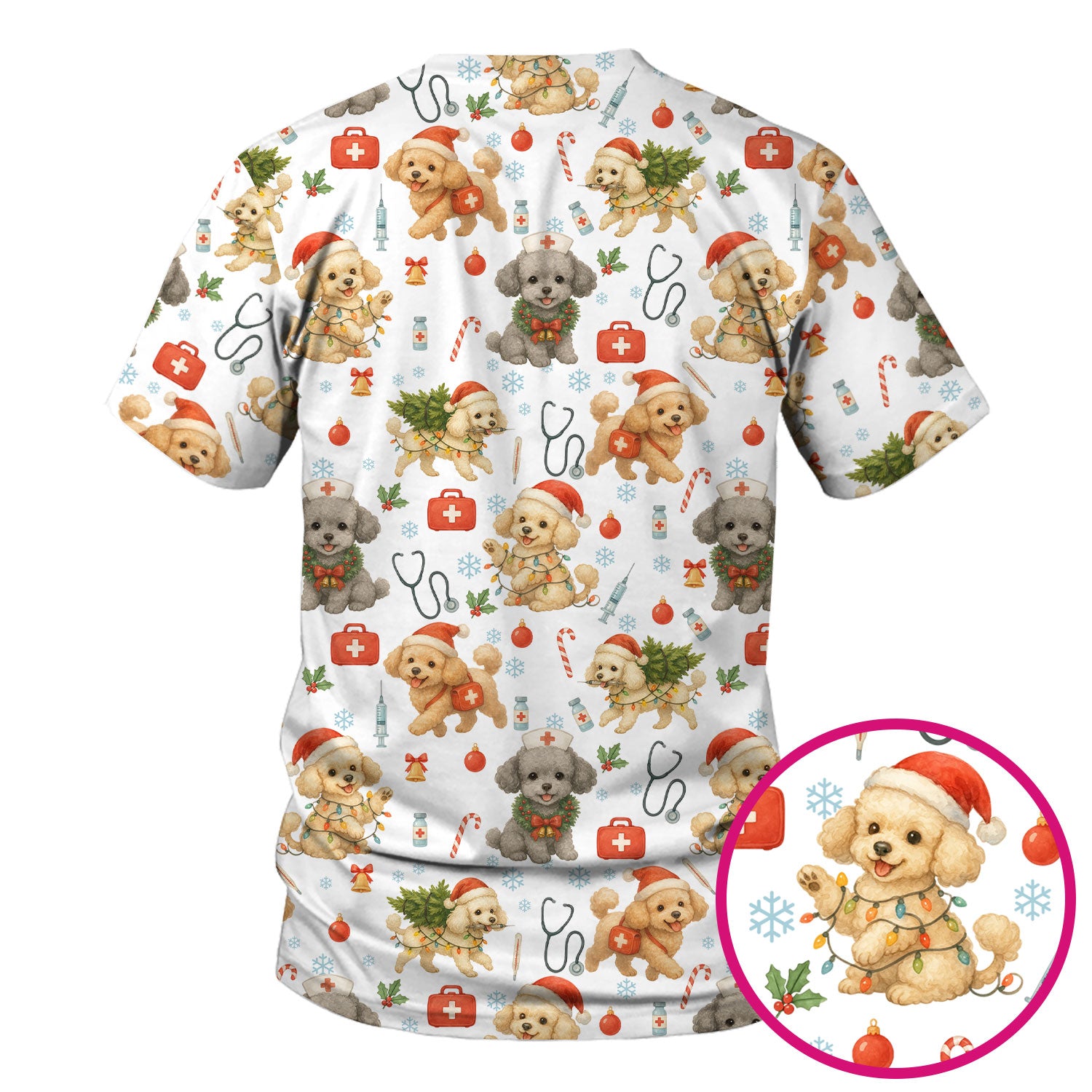 Cute Christmas Dog Scrub Top - Puppy Nurse Shirt Santa Hat Print - Holiday Medical Scrubs Gift for Women CNA RN Doctor