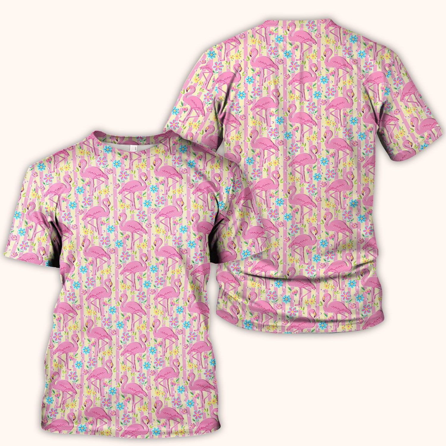 Pink Flamingo Flower Stripe Pattern Scrub Top, Comfortable Scrubs for Nurses