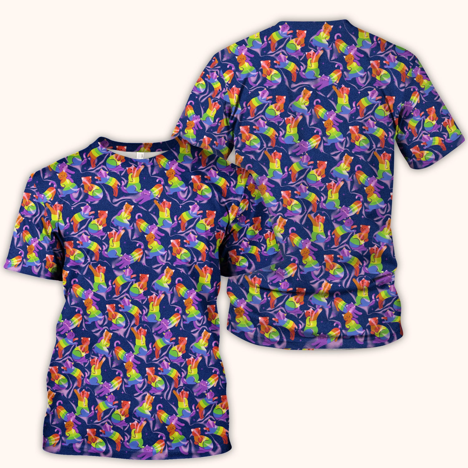 Rainbow Pride Cat Pattern Scrub Top, Breathable Fabrics Nursing Uniform