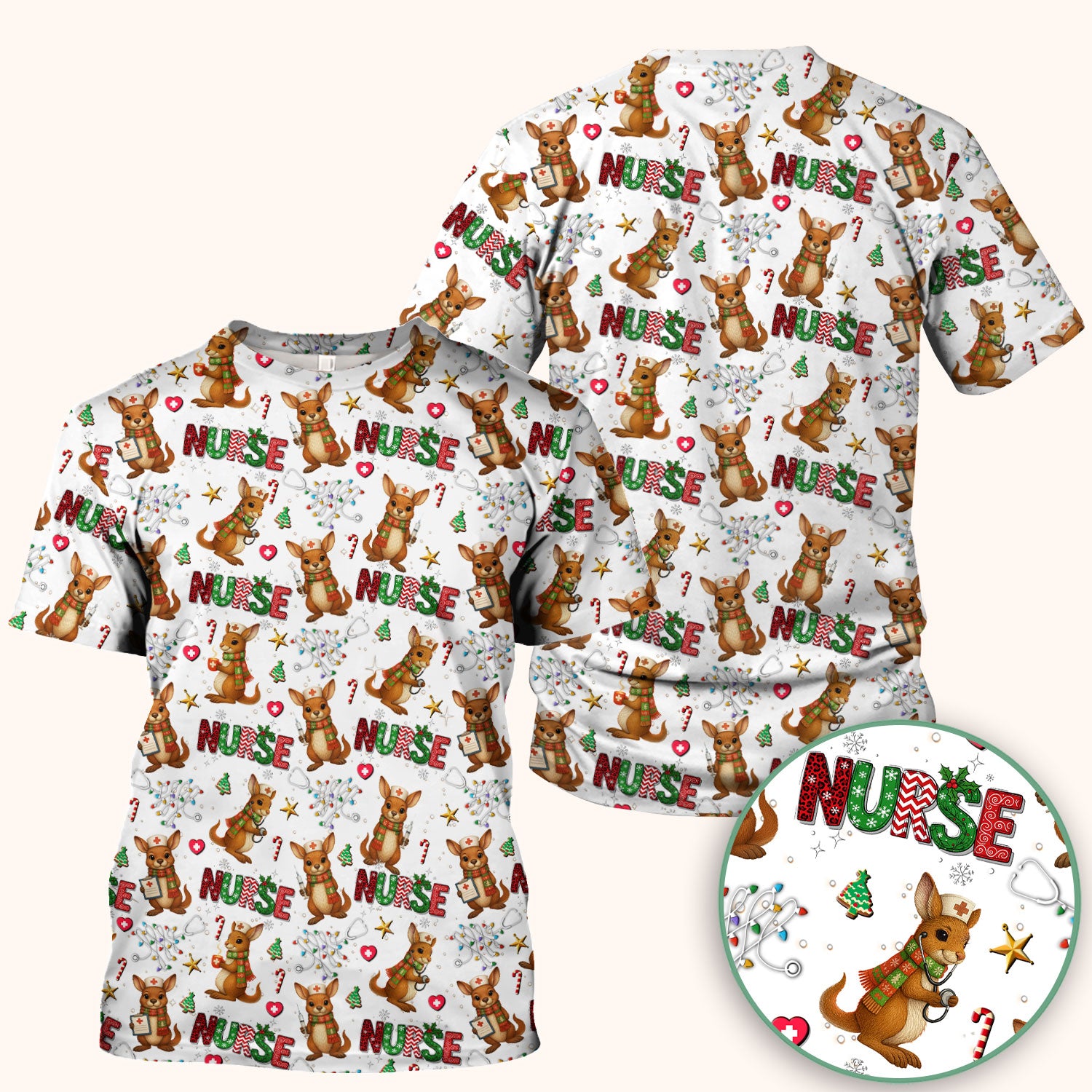 Aussie Kangaroo Christmas Scrub Top - Funny Holiday Nurse Shirt for Women - Cute Animal Medical Uniform