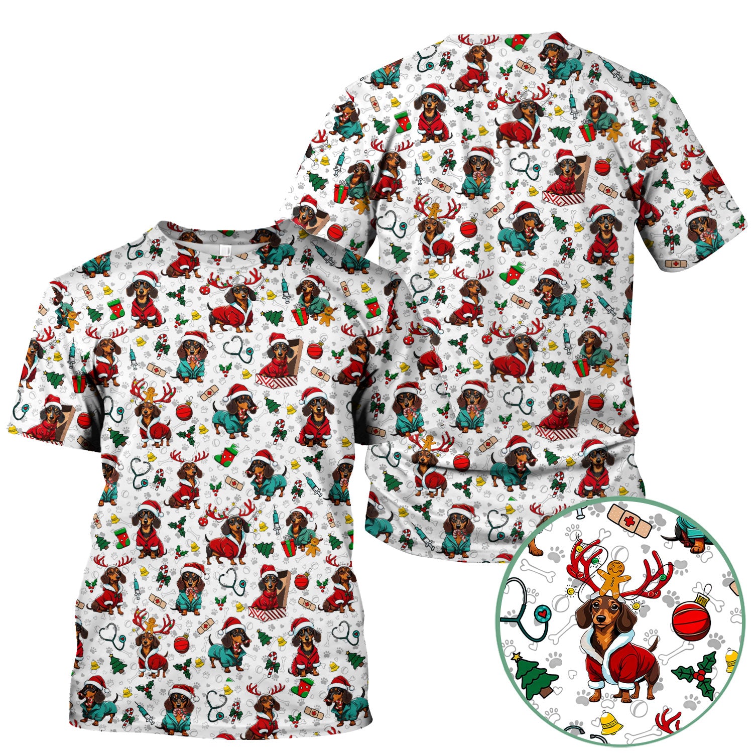 Christmas Dachshund Scrubs for Nurses - Cute Sausage Dog Holiday Scrub Top - Funny Reindeer & Santa Medical Shirt for Women