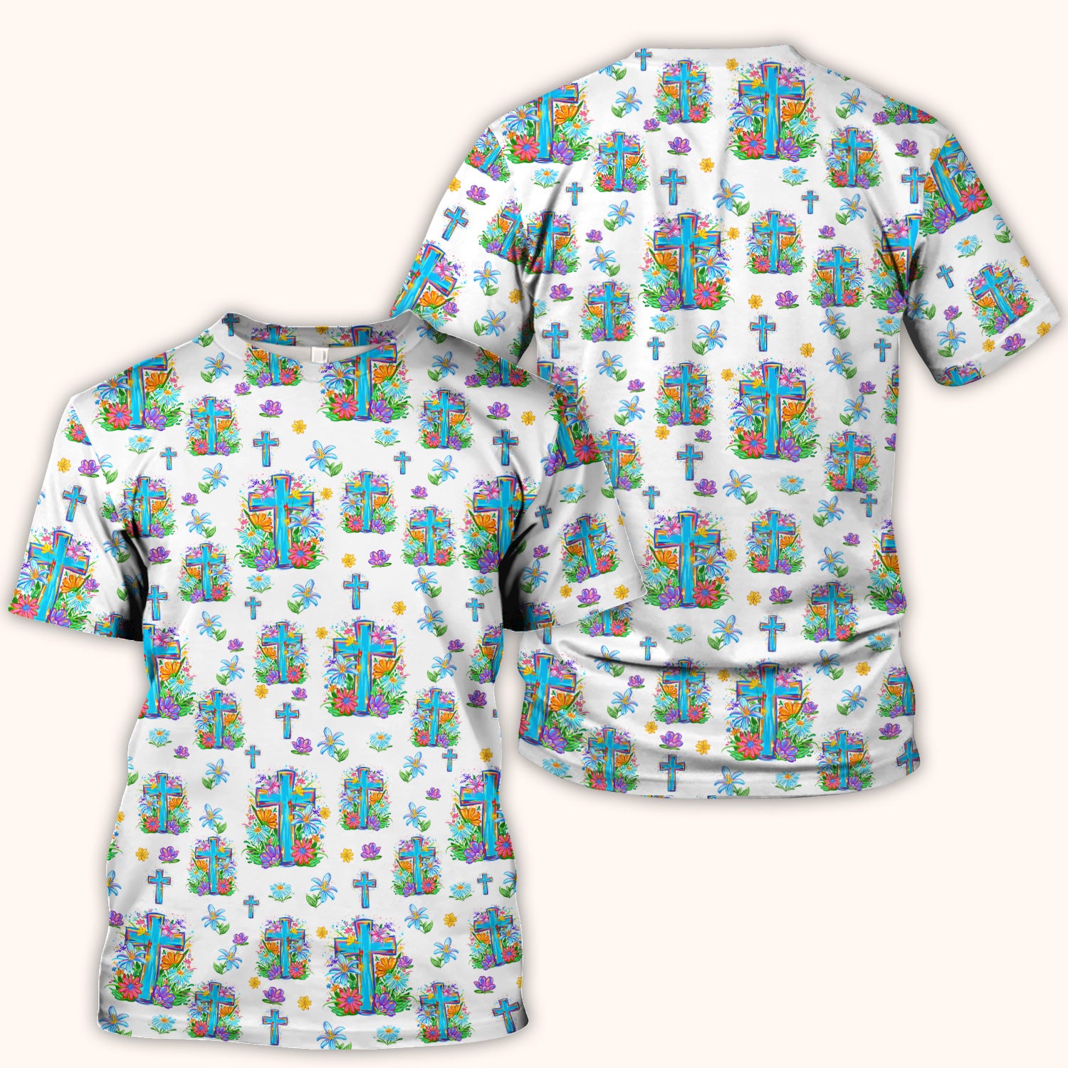 Christian Floral Cross Spring Pattern Scrub Top, Comfortable Scrubs for Nurses