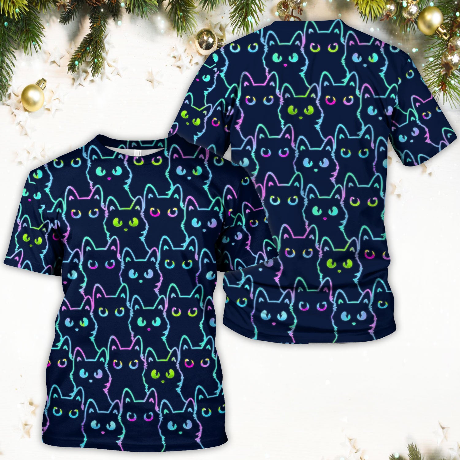 Neon Cat Pattern Scrub Top, Black Cat Scrub Shirt, Breathable Fabrics Nursing Uniform