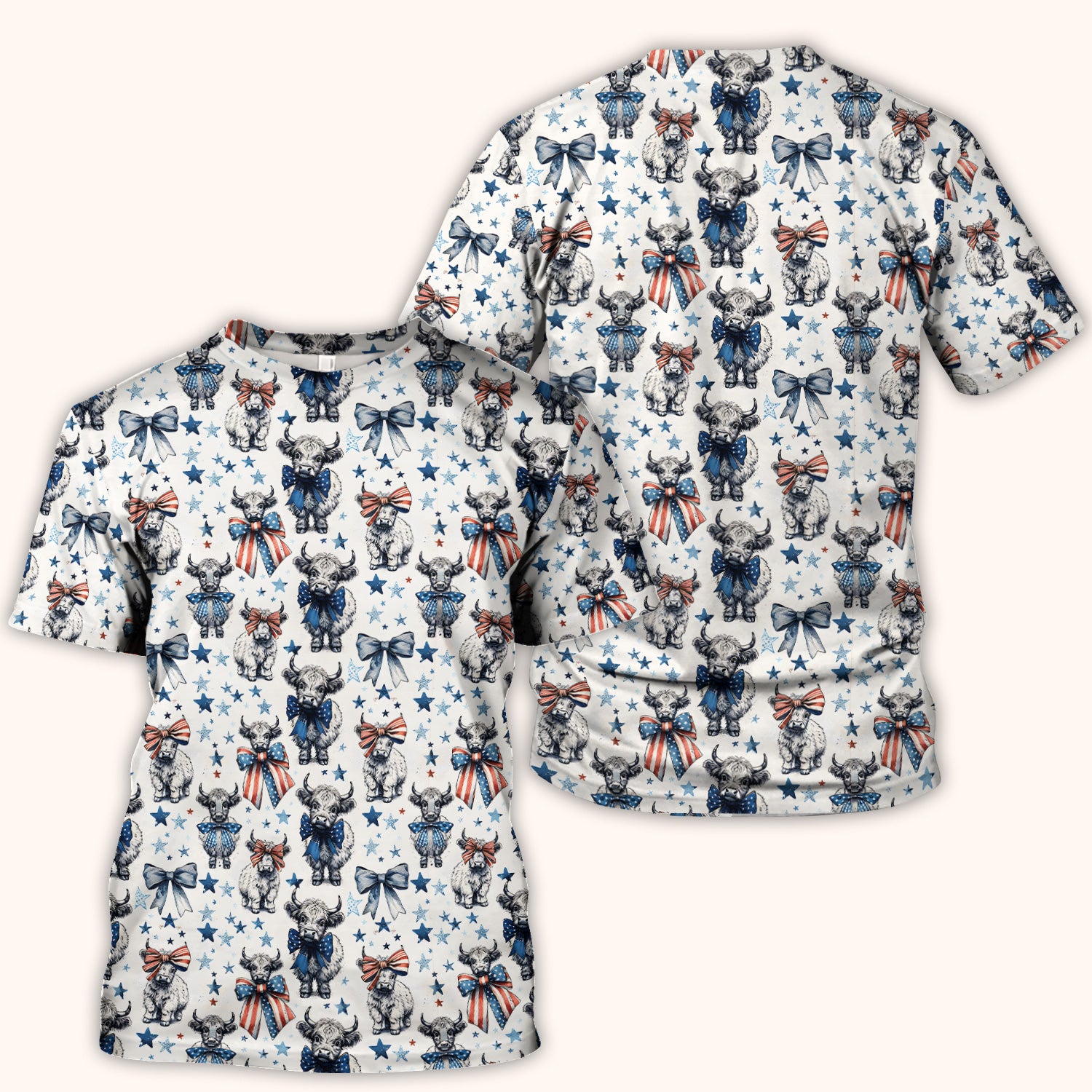 Patriotic Highland Cow Stars Pattern Scrub Top, Comfortable Scrubs for Nurses