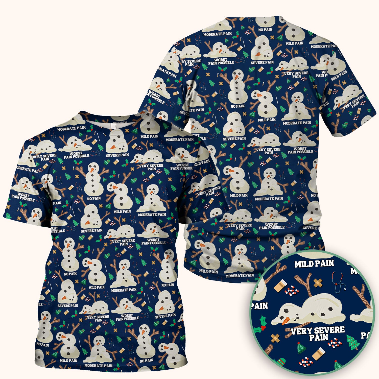 Funny Snowman Pain Scale Scrub Top for Nurse - Christmas Medical Shirt for Women RN LPN CNA - Cute Winter Nursing Uniform