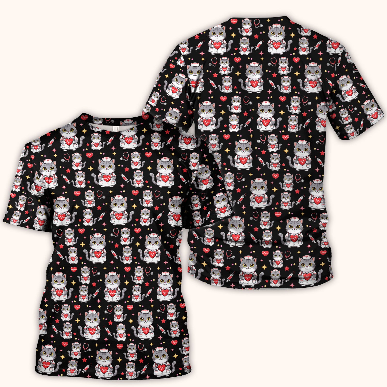 Cute Nurse Cat Heart Medical Print Scrub Top, Comfortable Scrubs for Nurses