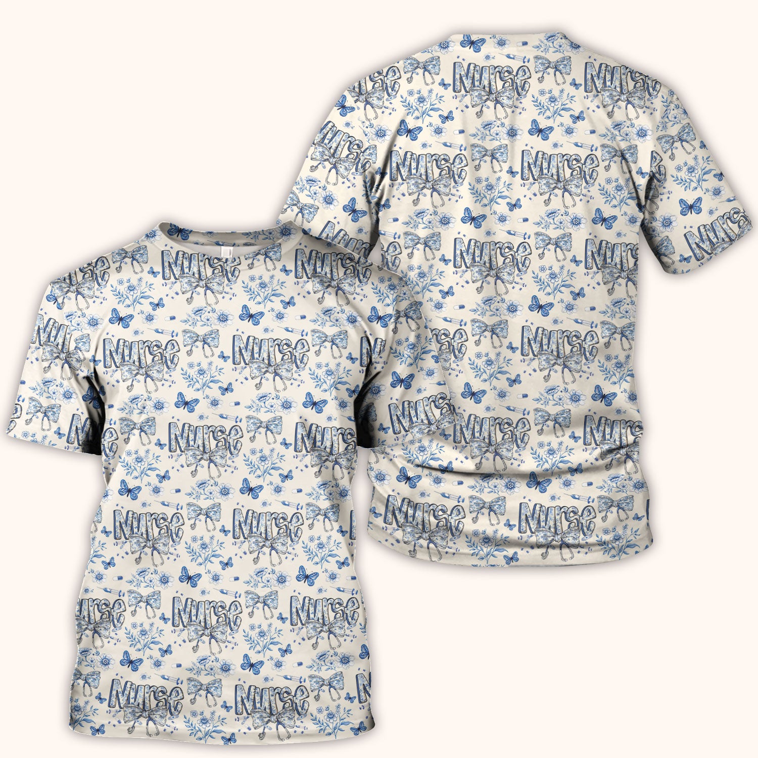 Blue Nurse Letter Bow Butterfly Floral Print Scrub Top, Comfortable Scrubs for Nurses