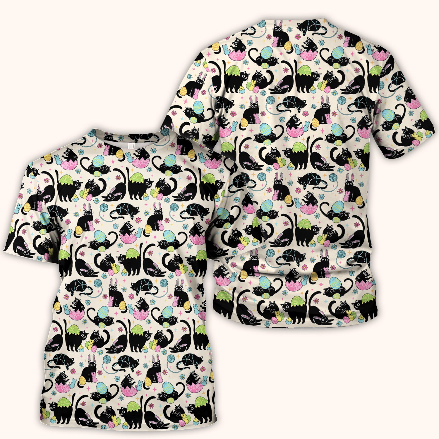 Funny Easter Black Cat Egg Pattern Scrub Top, Breathable Fabrics Nursing Uniform