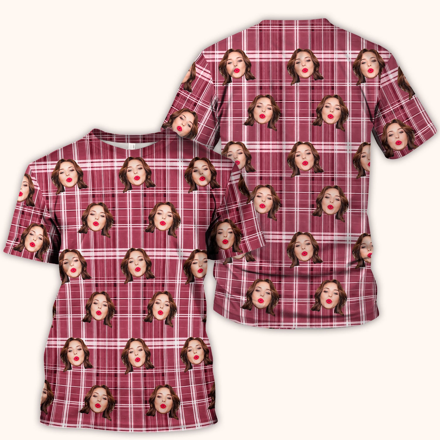 Personalized Funny Face Plaid Scrub Top, Custom Photo Pattern Medical Shirt, Breathable Fabrics Nursing Uniform