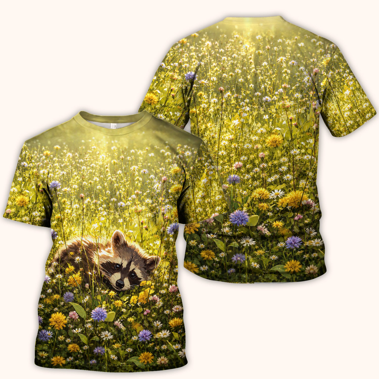Meadow Raccoon Wildflower Garden Pattern Scrub Top, Comfortable Scrubs for Nurses