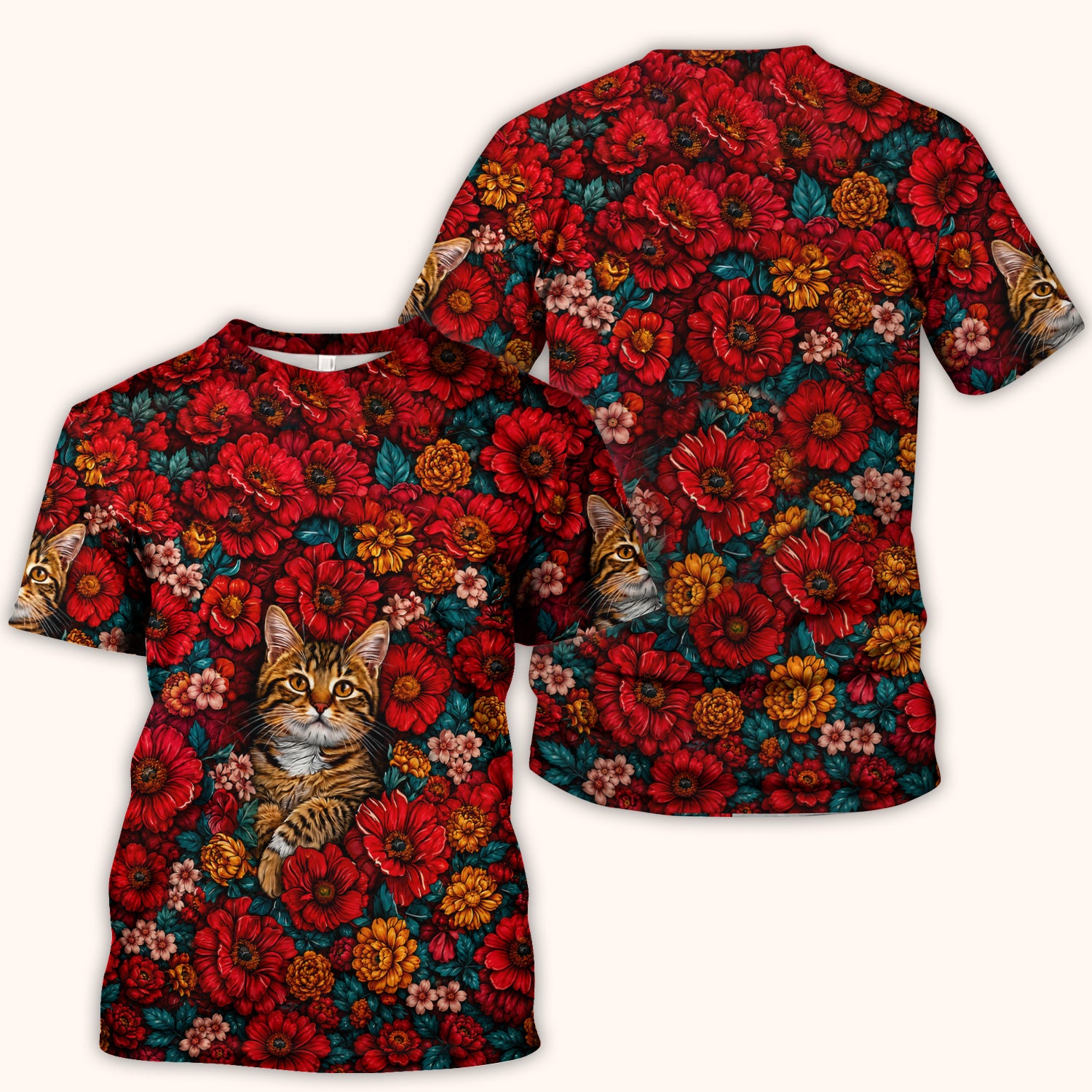 Adorable Tabby Cat Floral Garden Pattern Scrub Top, Comfortable Scrubs for Nurses