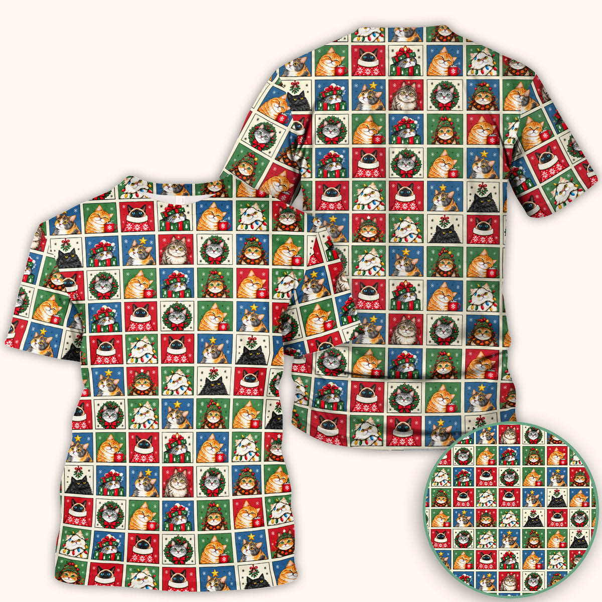 Cute Christmas Cat Patchwork Scrub Top, Comfortable Scrubs for Nurses