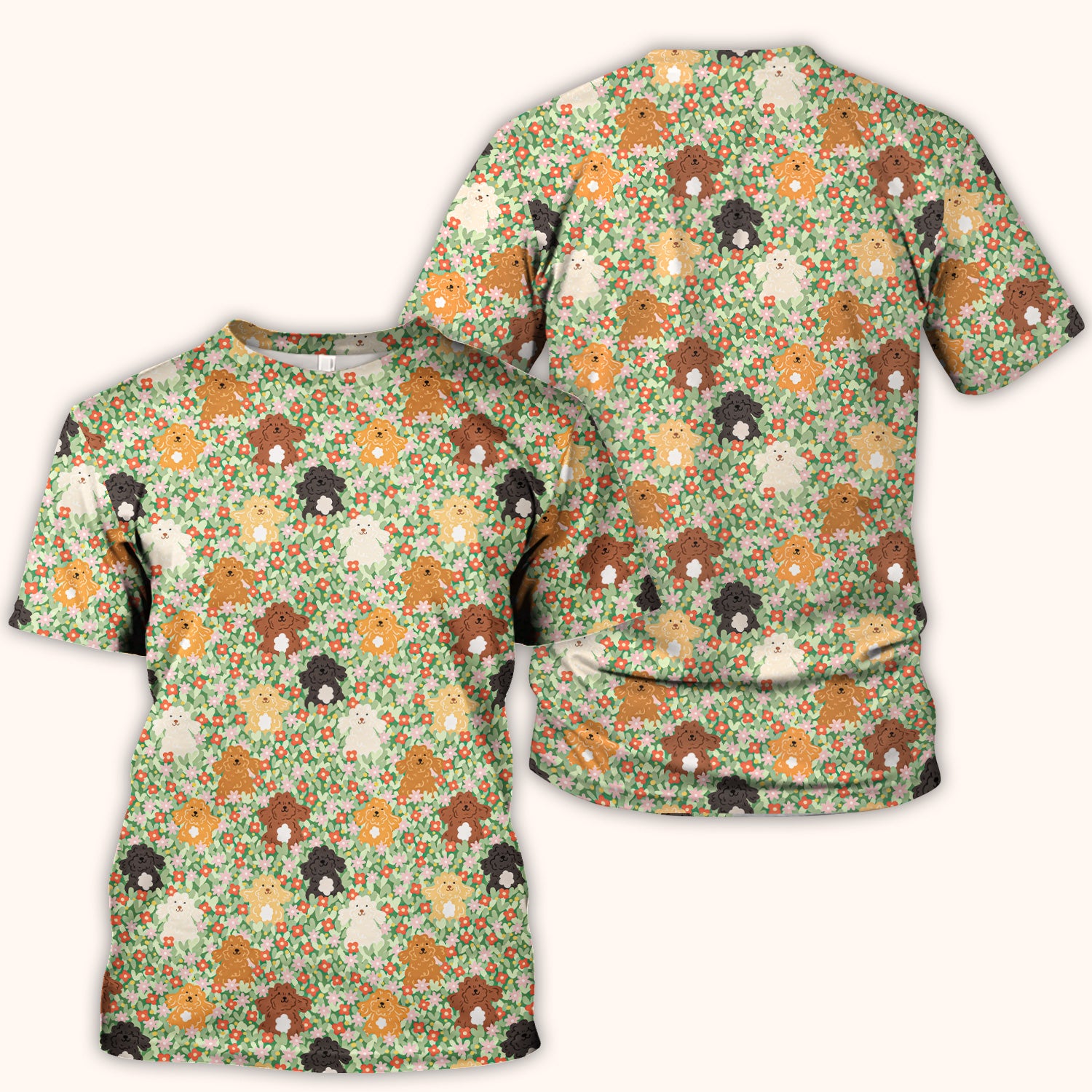 Cute Poodle Dogs Floral Pattern Scrubs Top, Breathable Fabrics Nursing Uniform
