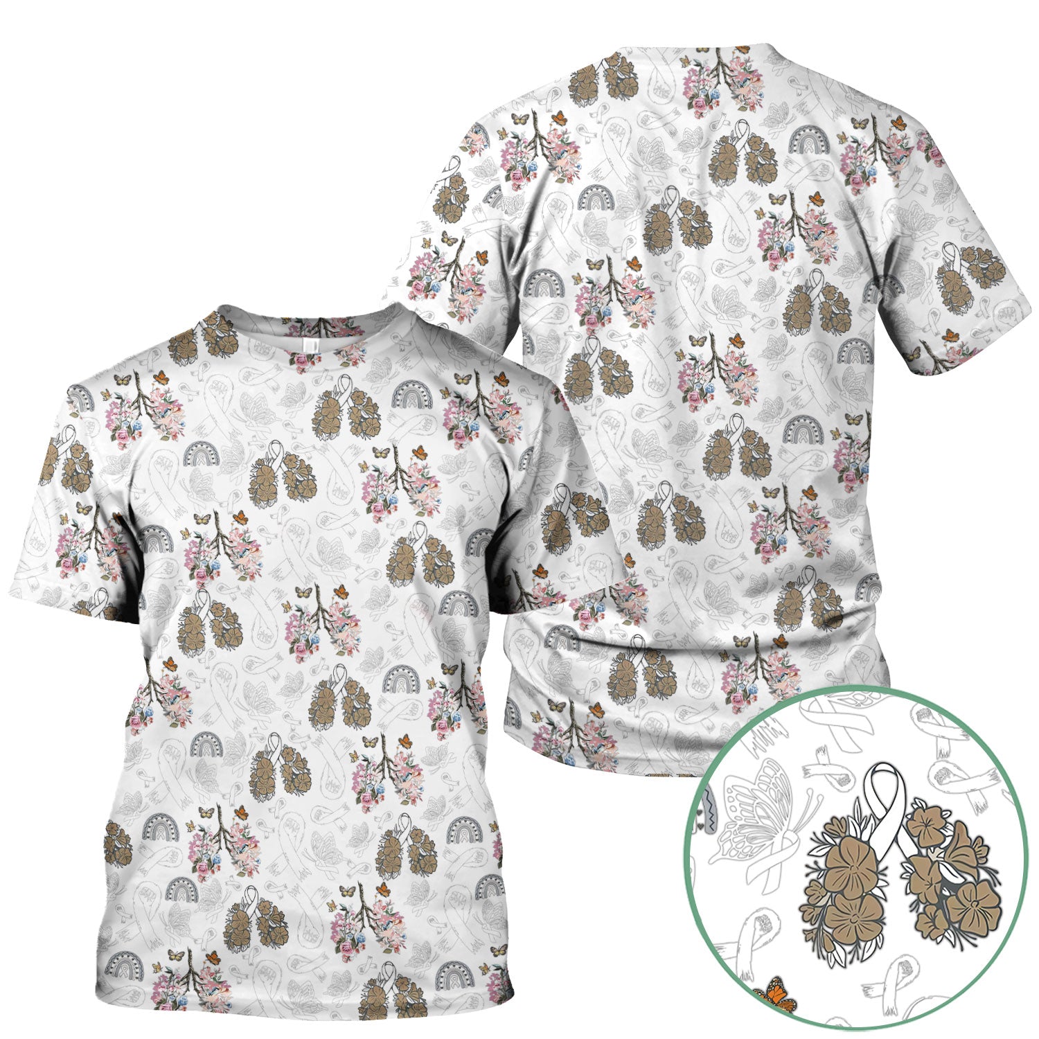 Lung Cancer Awareness Nurse Scrub Top - White Ribbon Butterfly Floral Medical Uniform - Comfortable V-Neck Nursing Shirt Gift