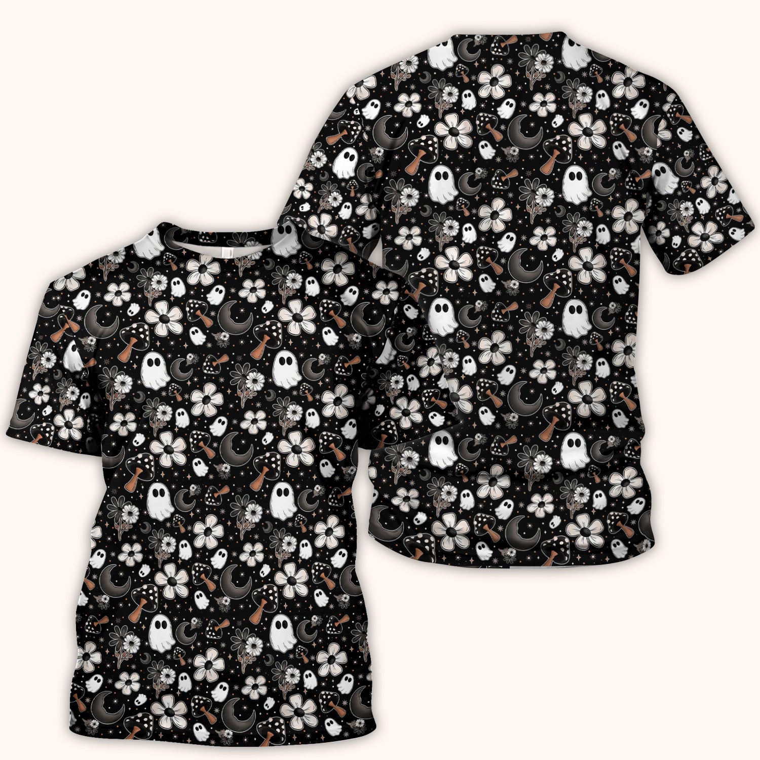 Floral Mushroom Ghost Pattern Scrub Top, Comfortable Scrubs for Nurses
