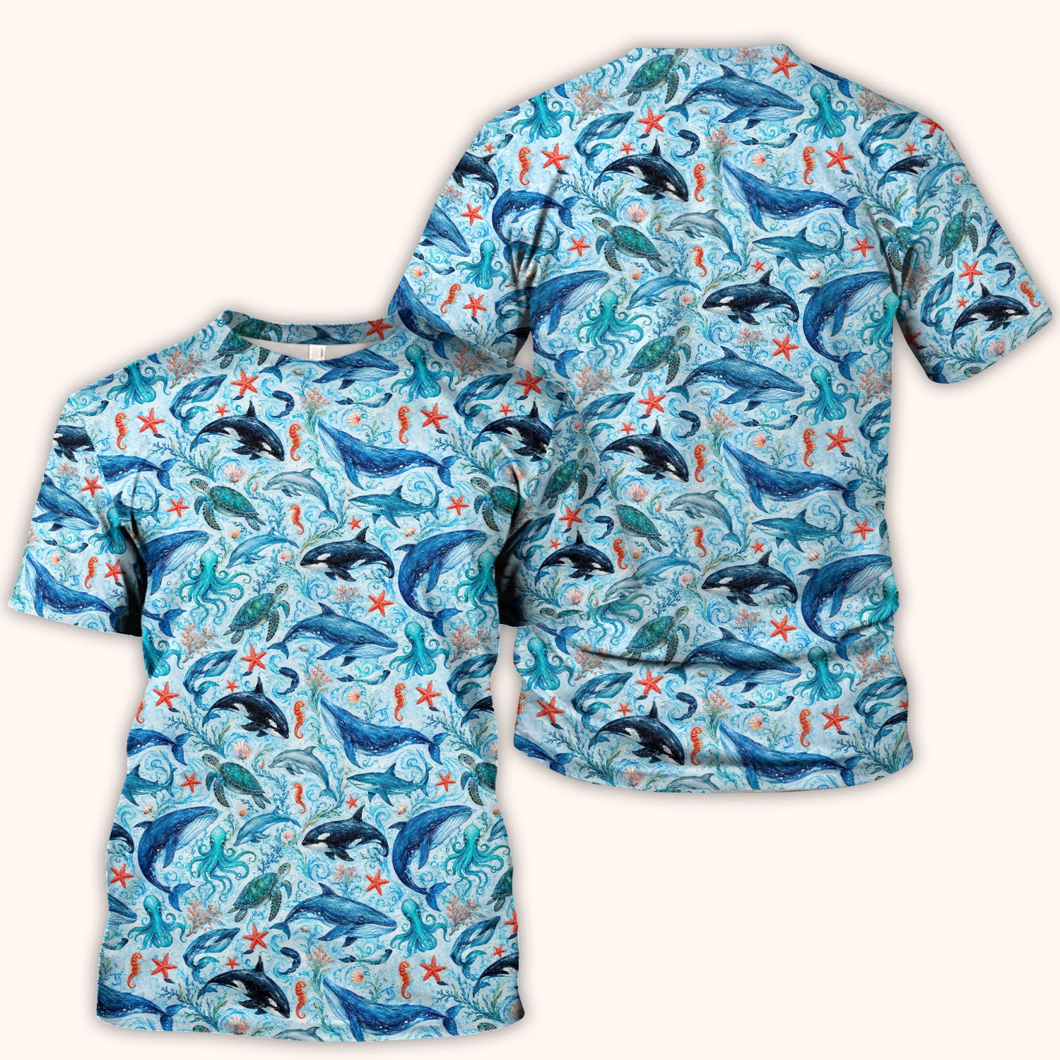 Watercolor Ocean Wildlife Scene Pattern Scrub Top, Comfortable Scrubs for Nurses