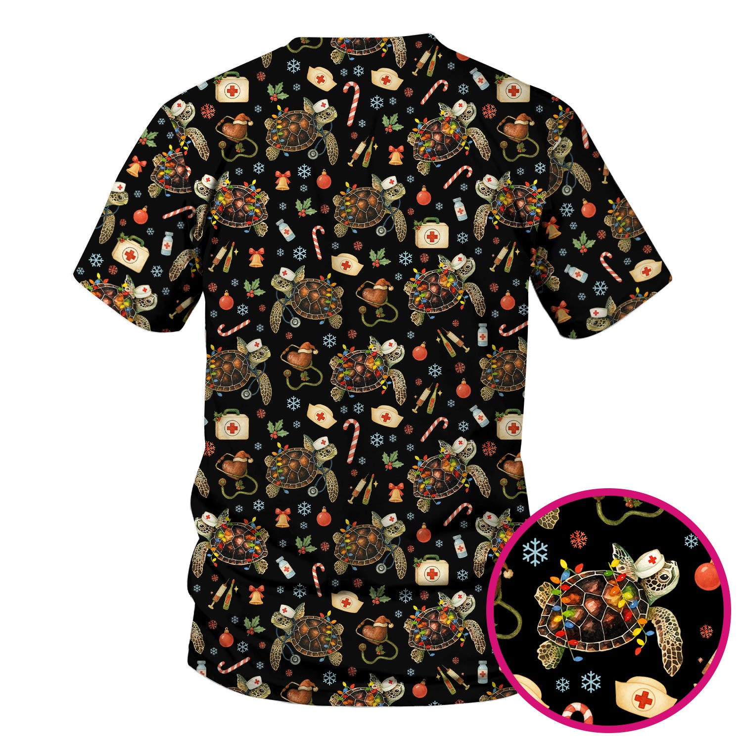Funny Christmas Scrub Top - Sea Turtle with Xmas Lights Shirt - Holiday Nurse Scrubs for Women
