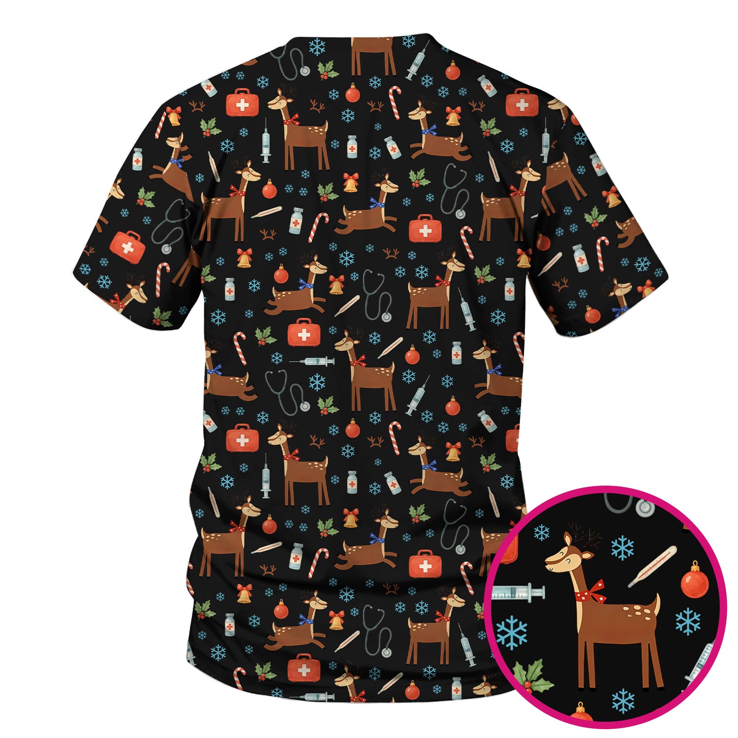 Christmas Reindeer Scrub Top for Nurses - Cute Reindeers Snowflakes Candy Canes Shirt - Comfortable Med Uniform