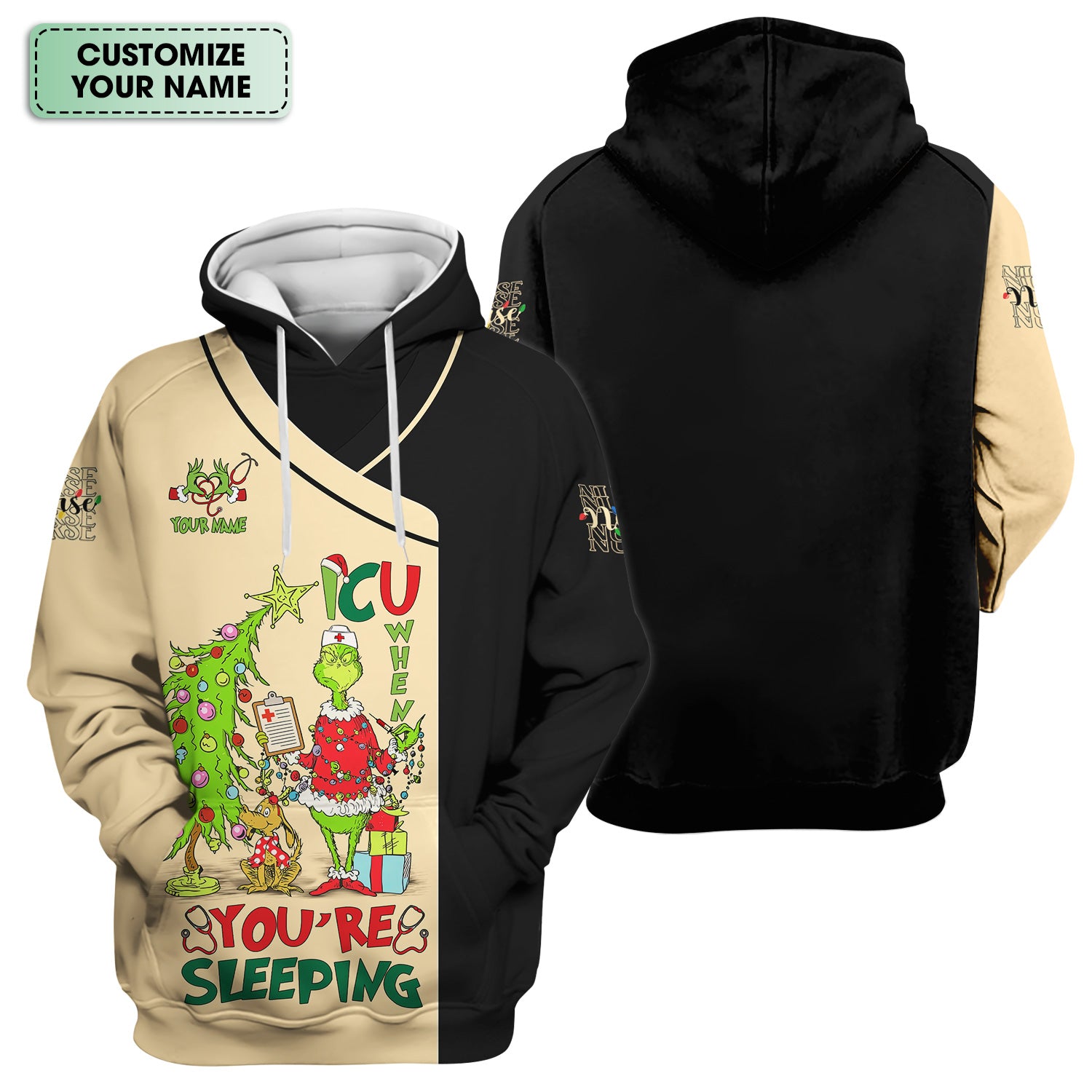 Custom Name Christmas Nurse Scrub - Grinch ICU When You’re Sleeping - LPN CNA RN Gift