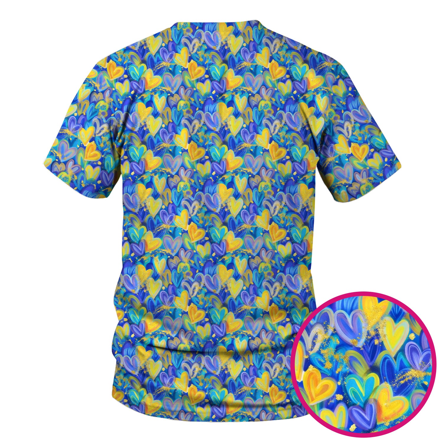 Blue and Yellow Layered Heart Gold Splatter Print Scrub Top, Artistic Scrubs for Nurses