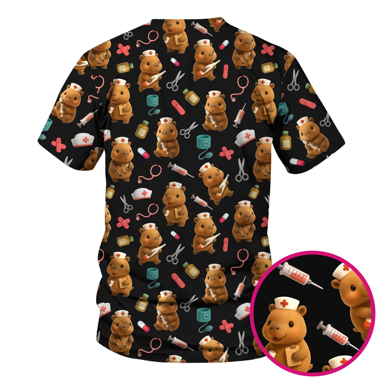 Funny Bear Scrub Top for Women - Nurse Hat and Syringe Pattern Medical Scrubs - Cute Teddy Nurse Shirt Gift for RN CNA LPN