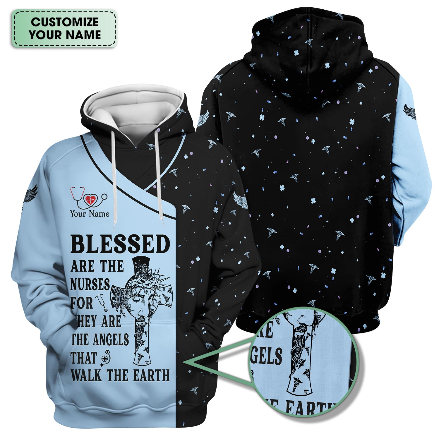 Personalized Christian Nurse Scrub Top - Jesus Cross & Angels That Walk The Earth Quote - Gift for Women RN LPN