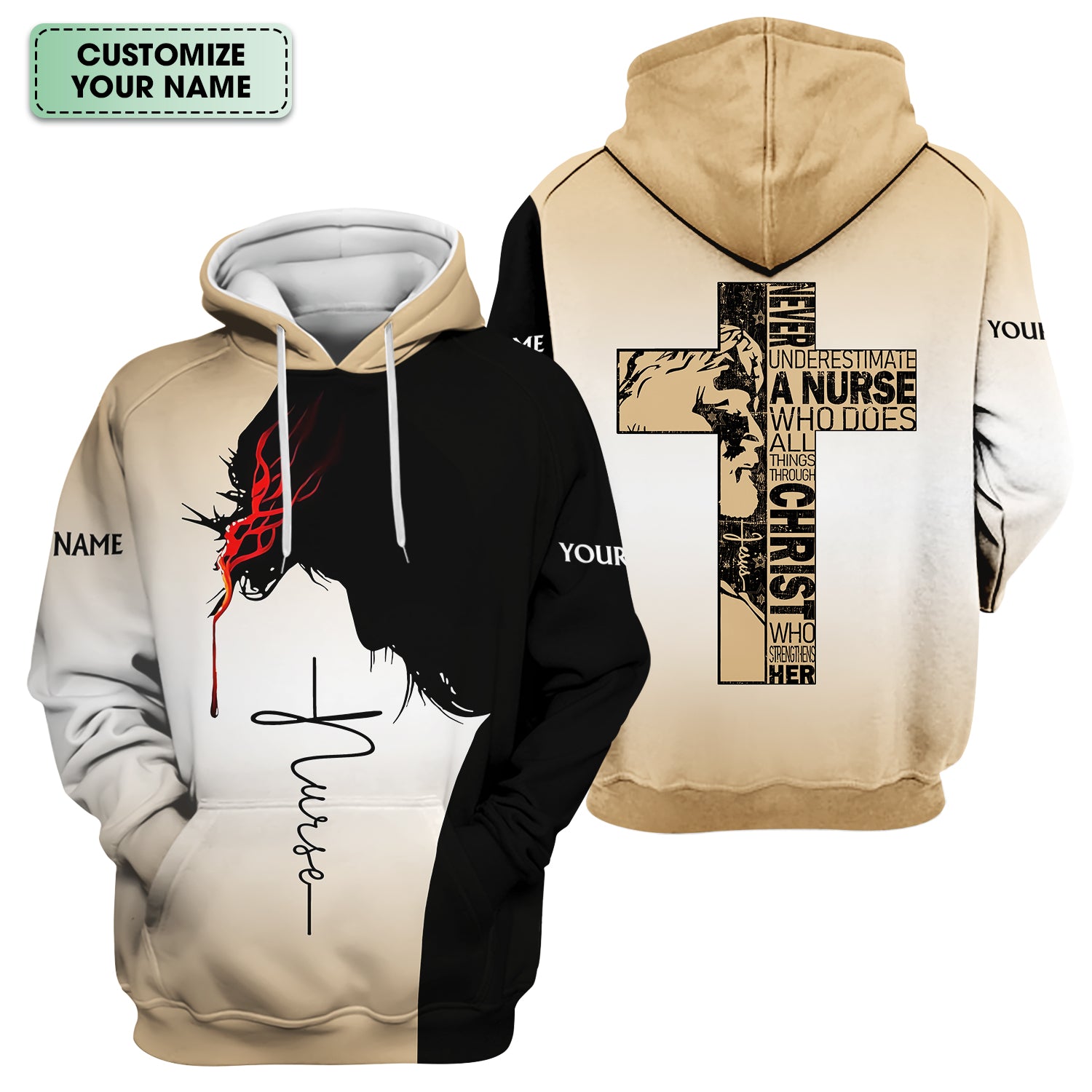 Personalized Christian Nurse Scrub Top - Christian Cross & Jesus Faith Design - Gift for RN LPN CNA