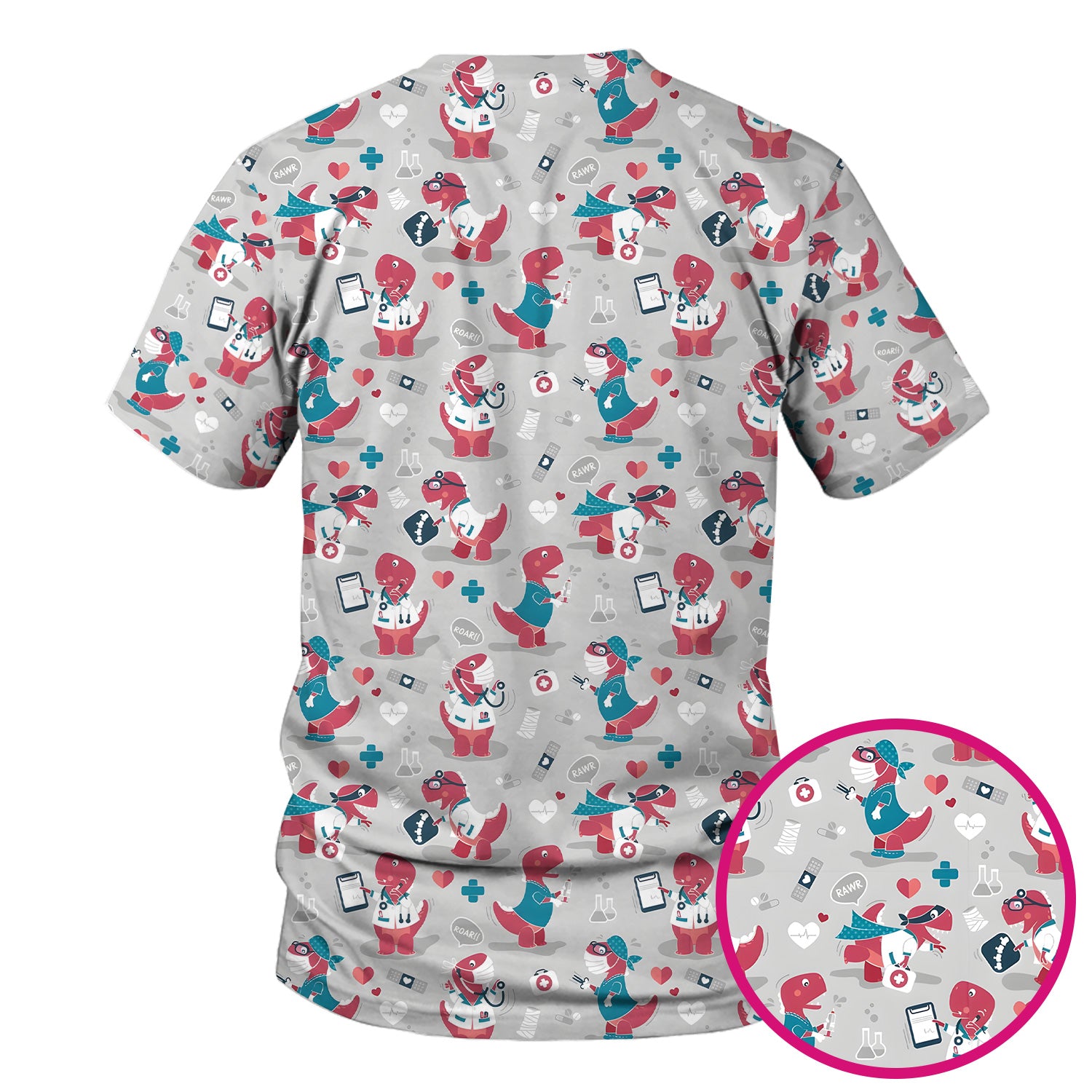 Cute Dinosaur Doctor Medical Pattern Scrub Top, Breathable Fabrics Nursing Uniform