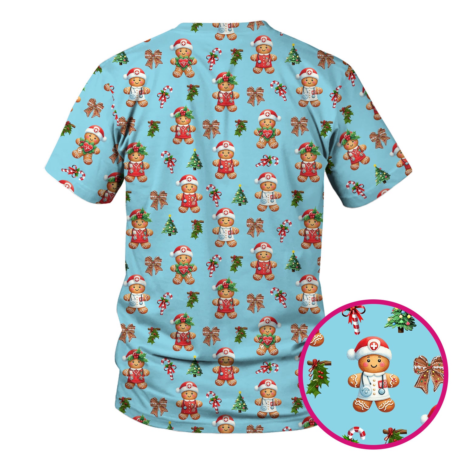 Funny Gingerbread Christmas Scrub Top - Cute Cookie with Bow Shirt - Festive Holiday Scrubs for Women
