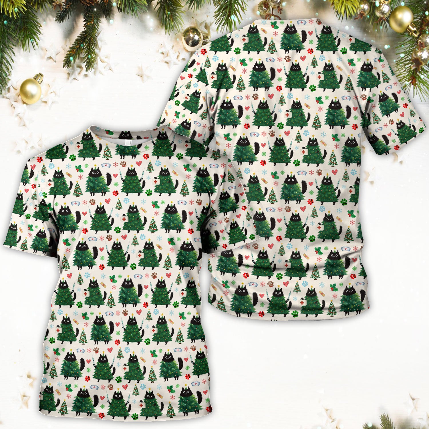 Christmas Nurse Scrub Top, Xmas Black Cat Pattern Nurse Shirt,  Breathable Fabrics Nursing Uniform