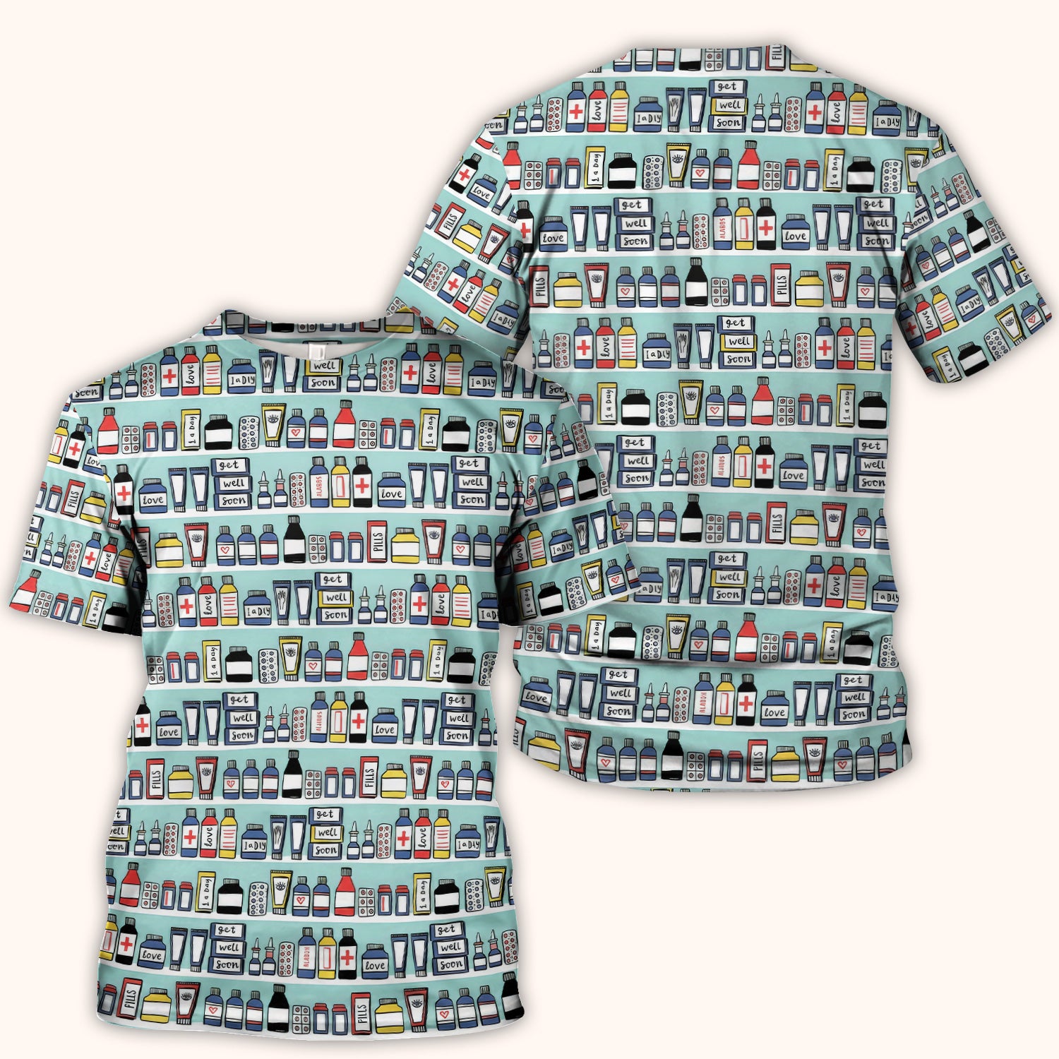 Medicine Bottle Pharmacy Pills Care Pattern Scrub Top, Comfortable Scrubs for Nurses
