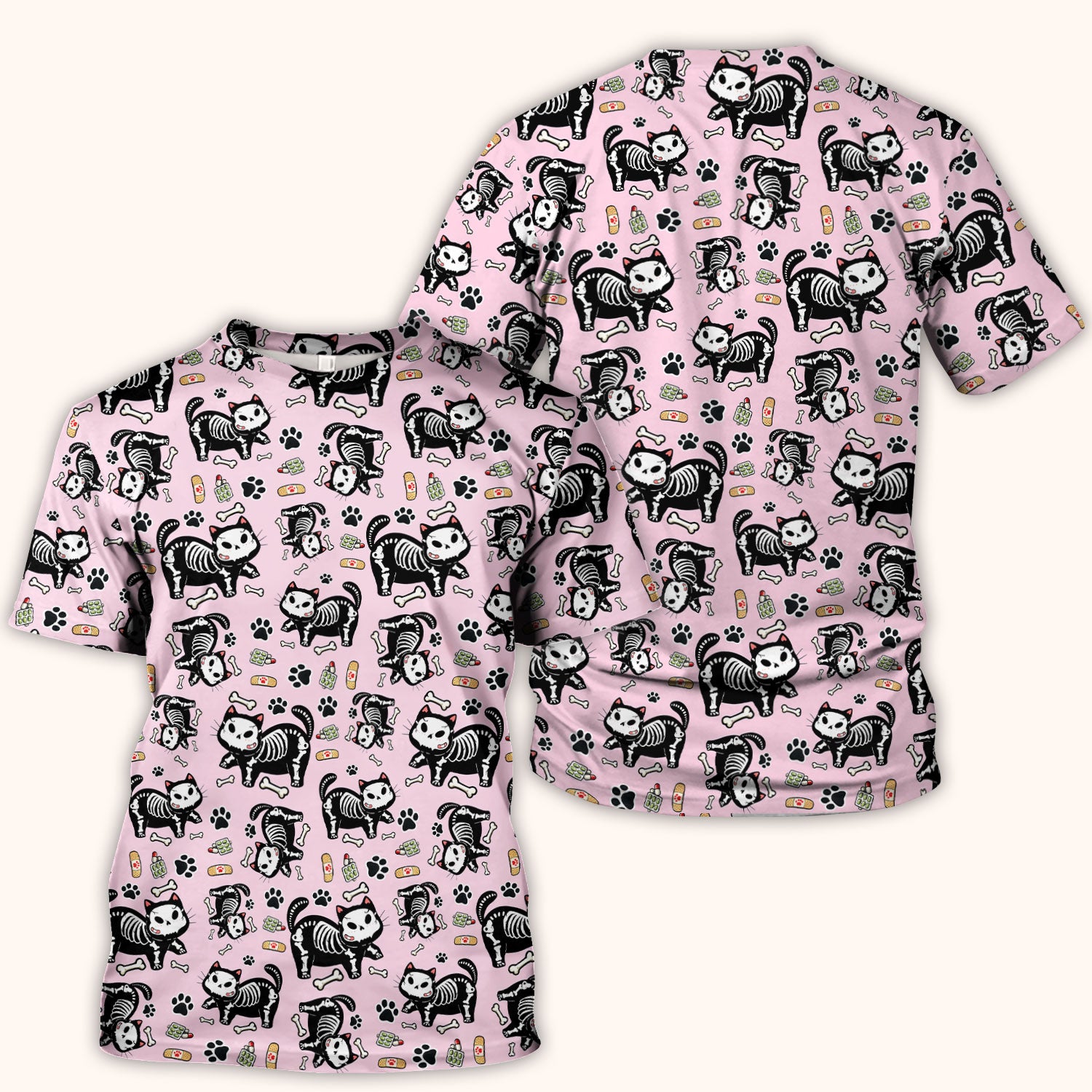 Skeleton Cat Medical Pattern Scrub Top, Comfortable Scrubs for Nurses