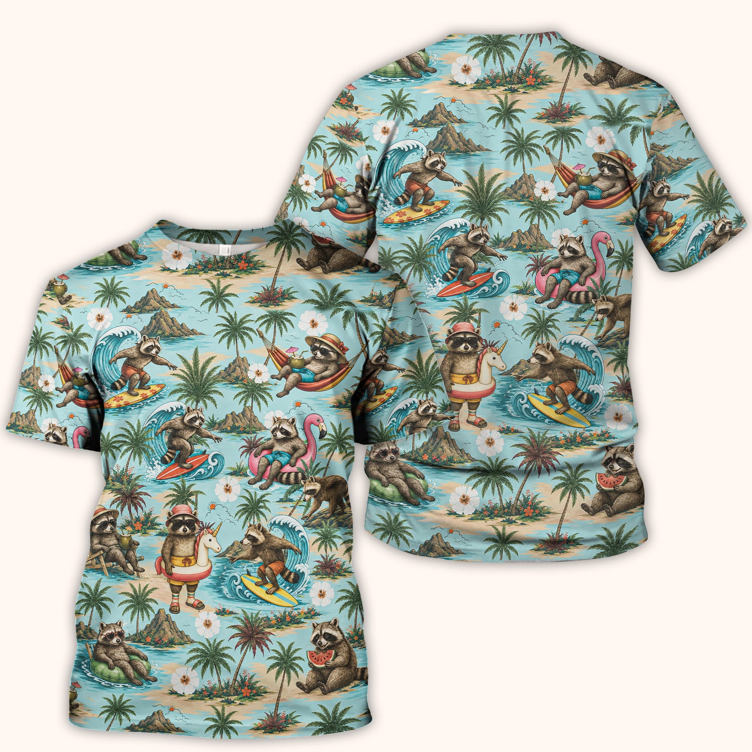 Tropical Raccoon with Surfing Island Beach Print Scrub Top, Comfortable Scrubs for Nurses