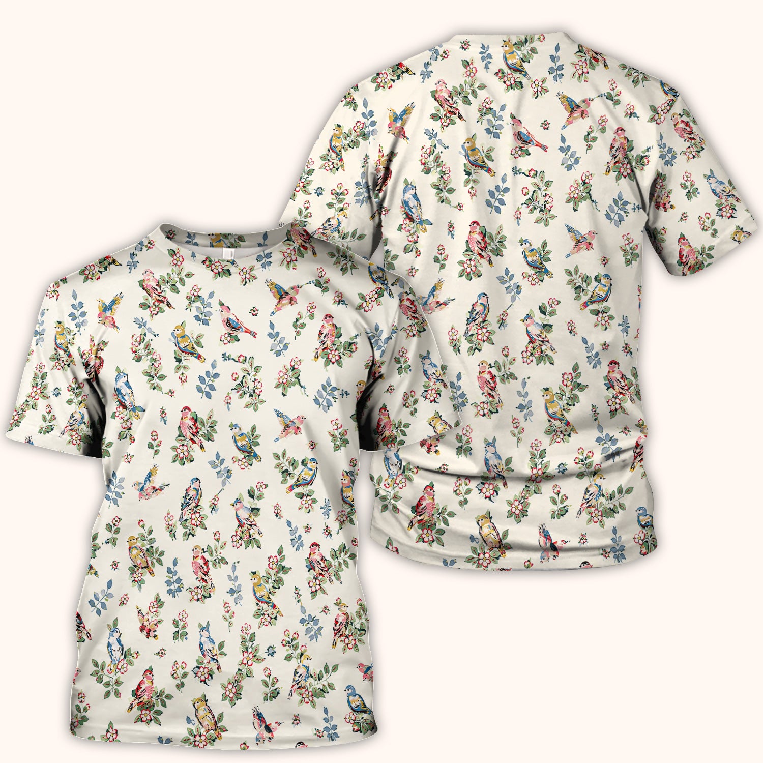 Cute Vintage Birds Blossom Pattern Scrub Top, Comfortable Scrubs for Nurses
