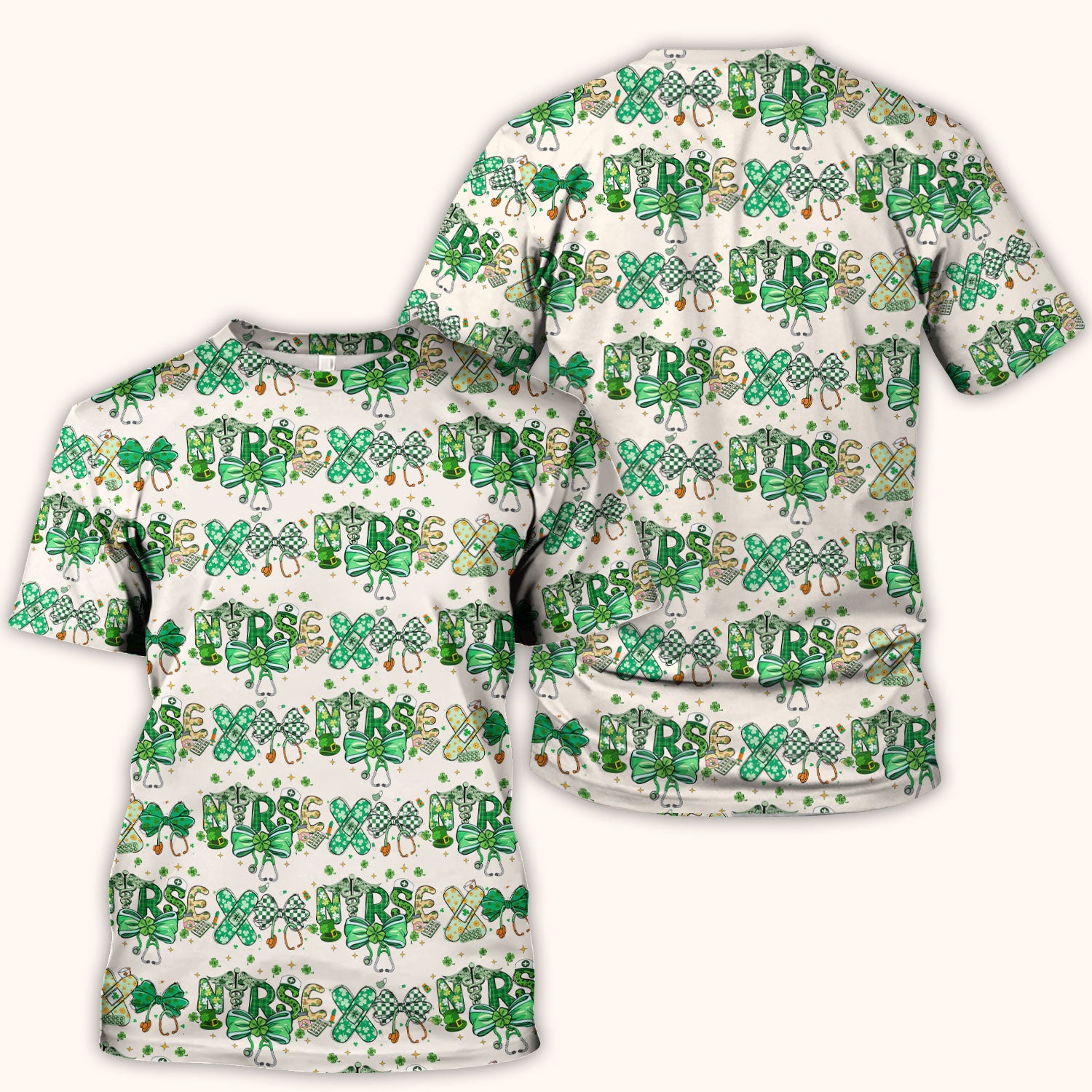 St. Patrick’s Nurse Scrub Top, Lucky Clover And Green Bow Pattern Nurse Shirt, Breathable Fabrics Nursing Uniform