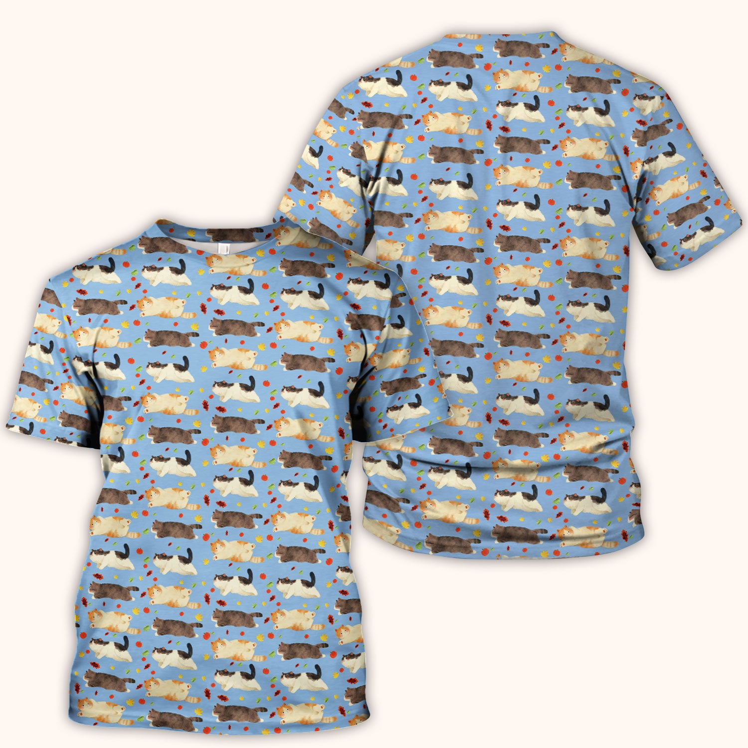 Chubby Cat Autumn Leaves Print Scrub Top, Breathable Fabrics Nursing Uniform