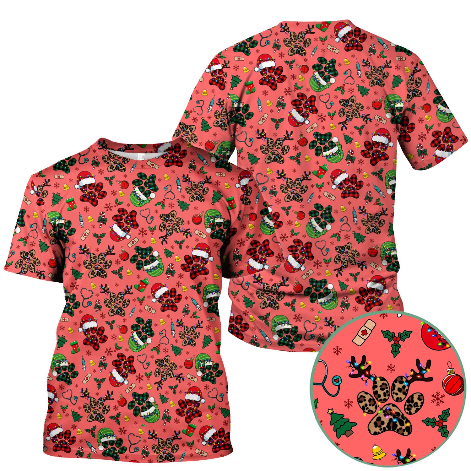 Christmas Paw Print Scrub Top for Nurses - Cute Leopard Holiday Pattern - Funny Festive Medical Uniform Gift