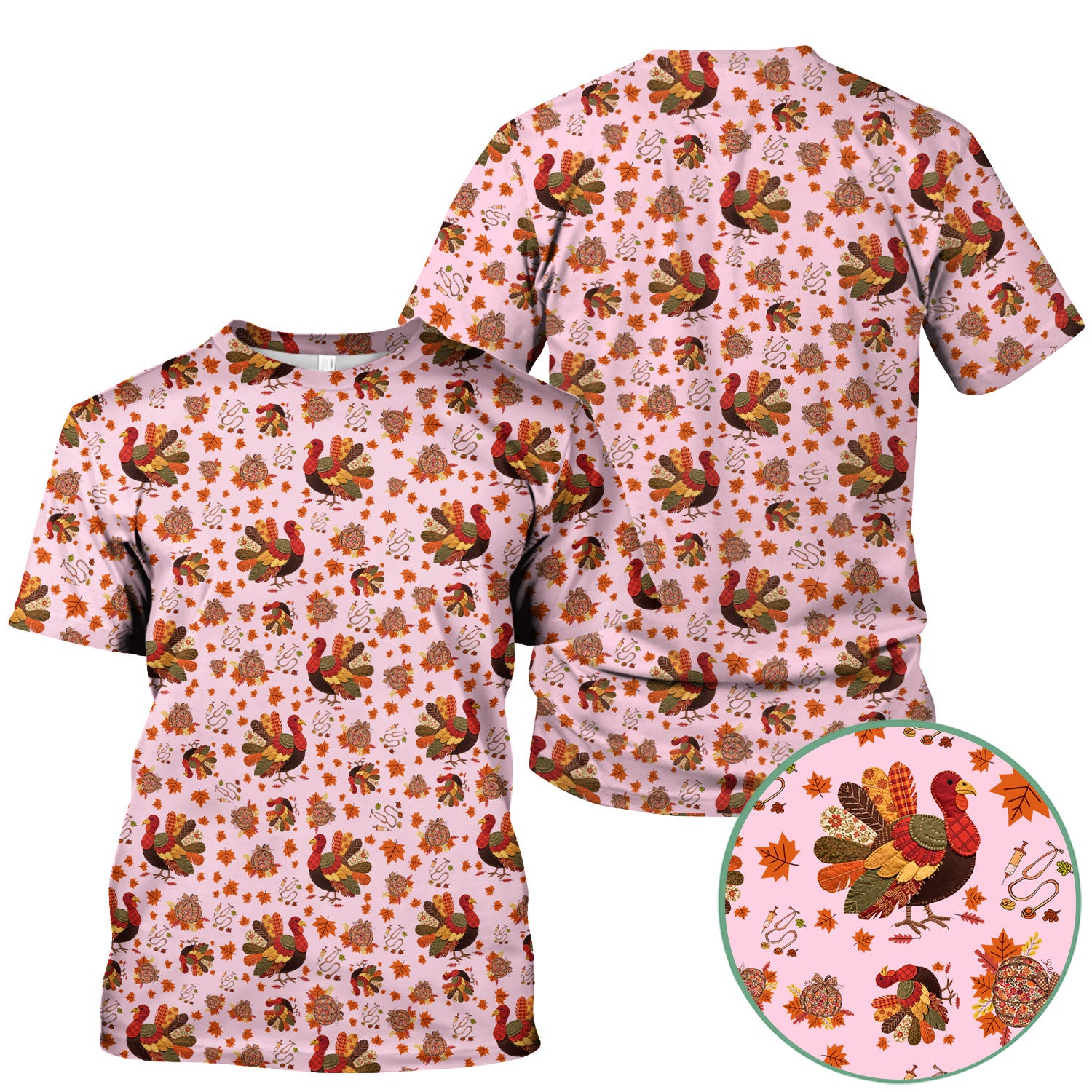 Thanksgiving Turkey Nurse Scrub Top for Women - Fall Leaves Pattern Shirts - Autumn Nursing Uniform Gift for RN LPN CNA