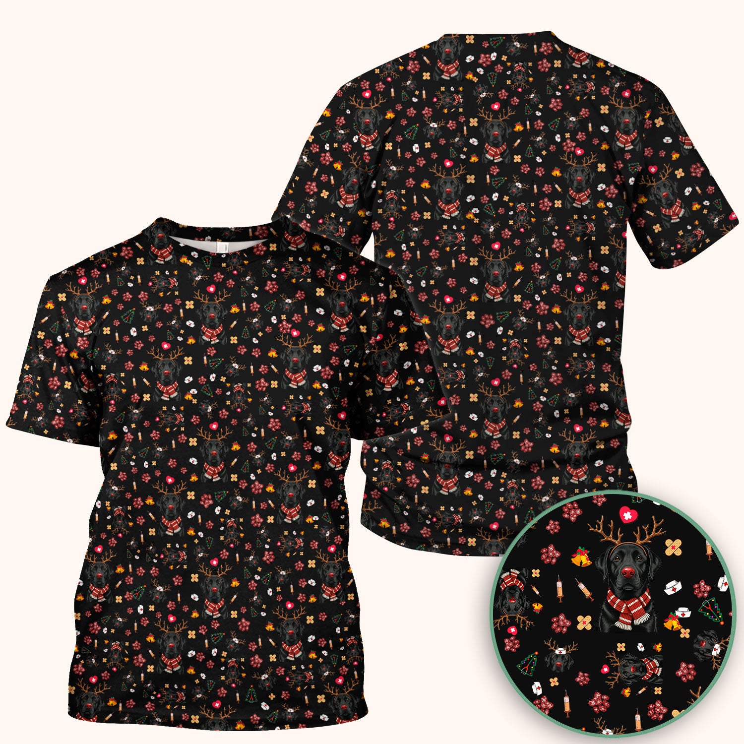 Funny Black Lab Reindeer Scrub Top - Christmas Dog Nurse Shirt - Cute Holiday Medical Uniform Gift for RN LPN CNA