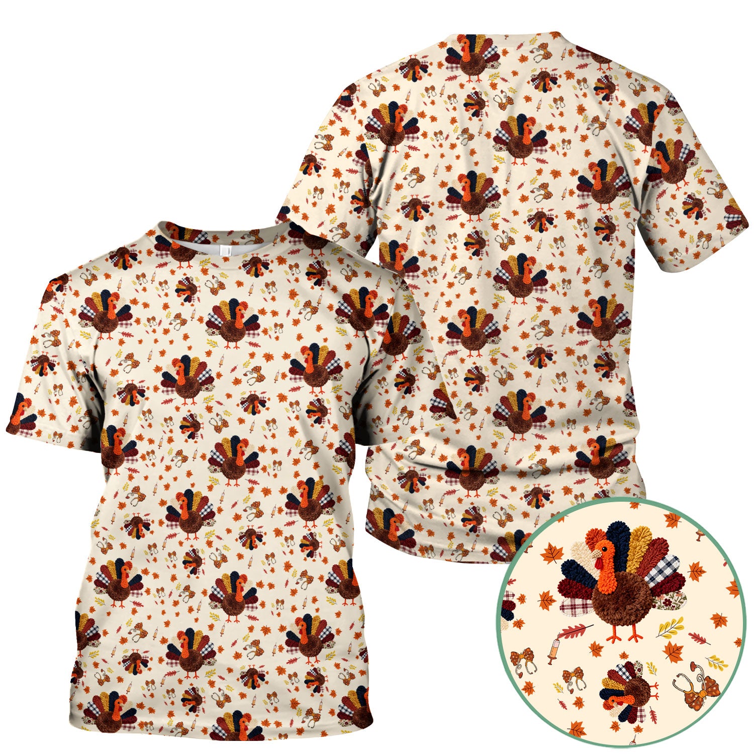 Funny Thanksgiving Nurse Scrub Top - Fall Leaves and Pumpkin Shirt - Autumn Turkey Med Uniform Gift for RN CNA LPN
