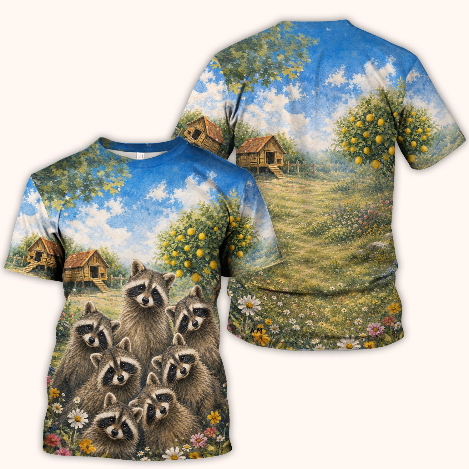 Adorable Raccoon Family Garden Pattern Scrub Top, Comfortable Scrubs for Nurses