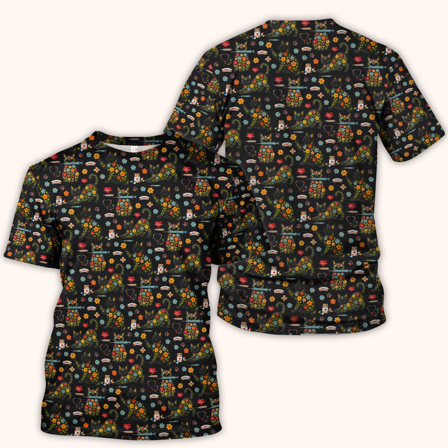 Floral Black Cat Pattern Scrub Top, Cute Cat Nurse Scrub Shirt, Medical Nursing Uniform