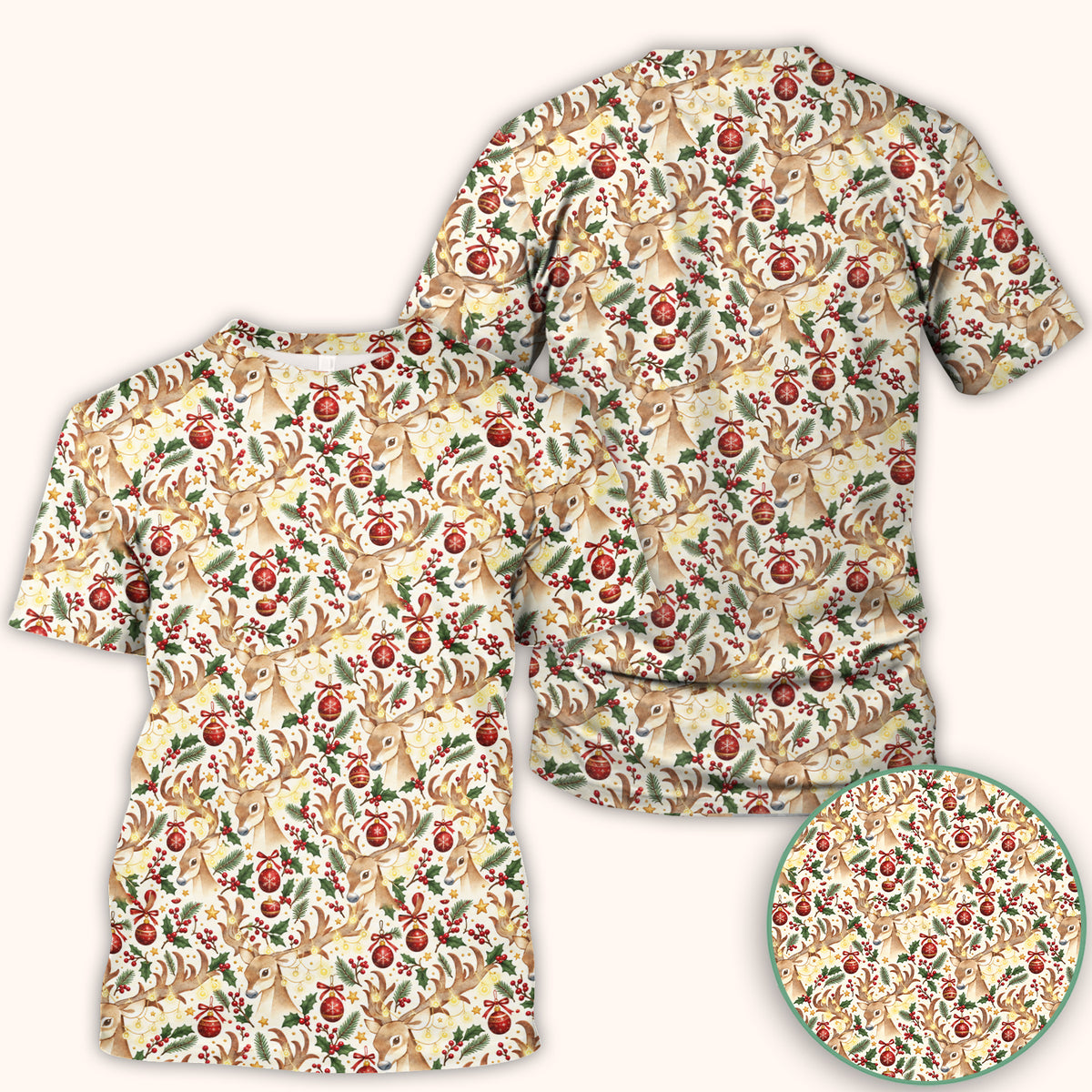 Christmas Reindeer And Holly Scrub Top, Comfortable Scrubs for Nurses